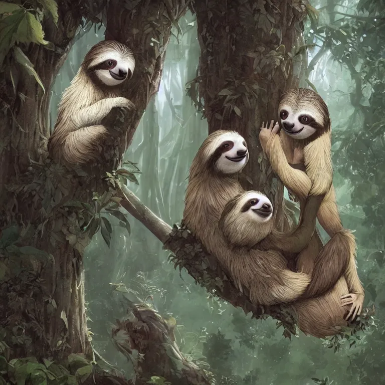 Image similar to A playful cute sloth talking to a shy fairy. award winning. superb resolution. in the art style of junji Ito and greg rutkowski. Detailed dark forest in background. Hyper realistic anime. Perfect art.