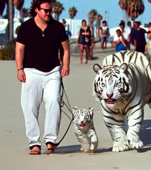 Prompt: celebrity walking his pet white tiger on a chain down Venice beach, muscle beach in 1998