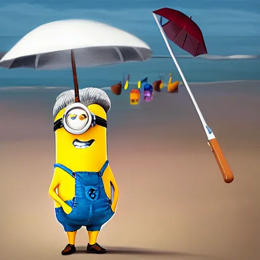 Prompt: an epic painting minion holding umbrella at the beach with silly face, pencil drawing, perfect composition, golden ratio, beautiful detailed, photorealistic, digital painting, concept art, smooth, sharp focus, illustration, artstation trending, octane render, unreal engine