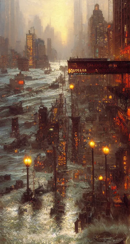 Image similar to the sea flooding the entire city of modern new york. you can see the water entering buildings highly detailed painting by gaston bussiere, craig mullins, j. c. leyendecker