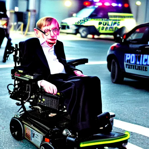 Prompt: stephen hawking in neon lights street racing and trying to escape police