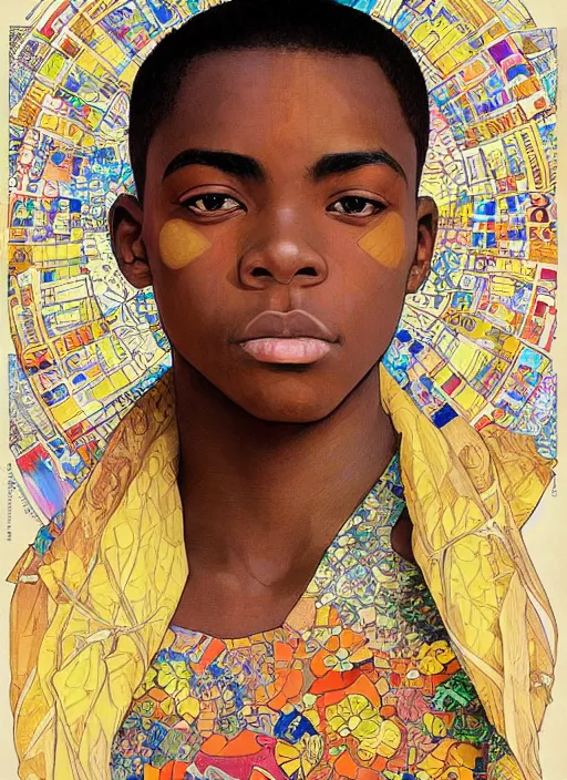 Image similar to colourful upper half portrait of an african boy - art by aya takano & alphonse mucha, magazine collage, highly detailed, digital painting, illustration, smooth, sharp focus, intricate, clustered, busy, pinterest, behance,
