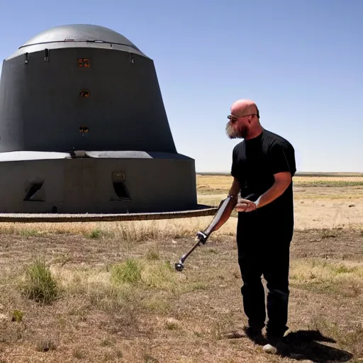 Prompt: Jamie Hyneman tinkering with an ICBM in a missile silo