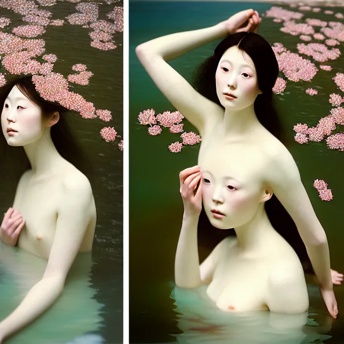 Image similar to Kodak Portra 400, 8K, soft light, volumetric lighting, highly detailed, Rena Nounen style 3/4 ,portrait photo of a Japanese beautiful female how pre-Raphaelites painter, the face emerges from the water of Pamukkale with lotus flowers, inspired by Ophelia paint , a beautiful chic dress and hair are intricate with highly detailed realistic beautiful flowers , Realistic, Refined, Highly Detailed, natural outdoor soft pastel lighting colors scheme, outdoor fine art photography, Hyper realistic, photo realistic