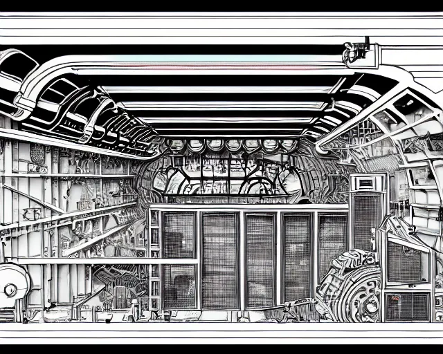 Prompt: a full page of a mechanical blueprint showing the interior of gamera, with a big head, muted colors, post grunge, studio ghibli, hq,