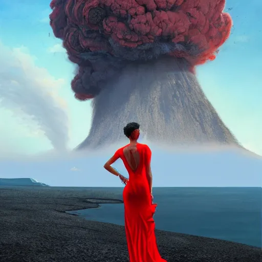 Image similar to luxury advertisement, a highly detailed epic cinematic concept art CG render digital painting artwork of a woman in a red dress posing in front of an erupting volcano. By Greg Rutkowski, Ilya Kuvshinov, WLOP, Stanley Artgerm Lau, Ruan Jia and Fenghua Zhong, trending on ArtStation, made in Maya, Blender and Photoshop, octane render, excellent composition, cinematic atmosphere, dynamic dramatic cinematic lighting, aesthetic, very inspirational, arthouse