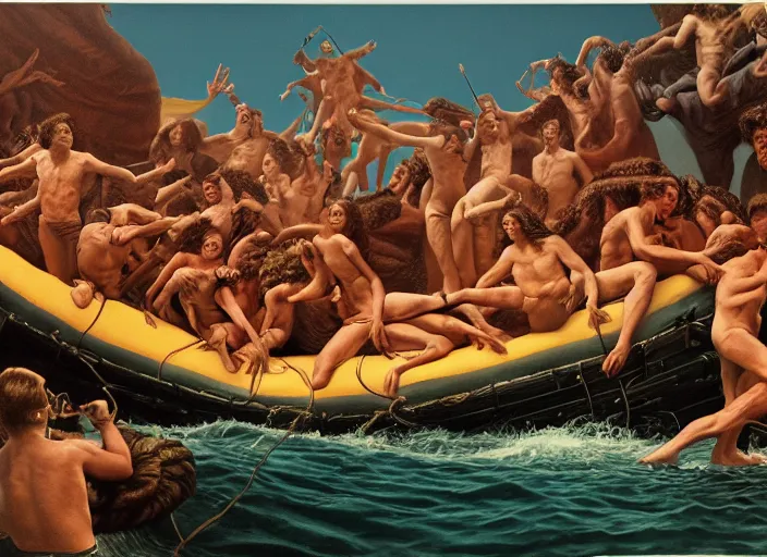 Prompt: photo of the raft of the medusa, by annie leibovitz by roger corman by richard corben by william eggleston, fujifilm velvia 5 0. masterpiece, intricate, hyper realism, high detail, octane render, unreal engine, 8 k