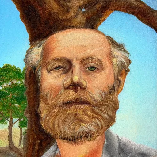 Prompt: A painting of an oak tree, with the face of an old bearded man, close up portrait of a human face in a tree