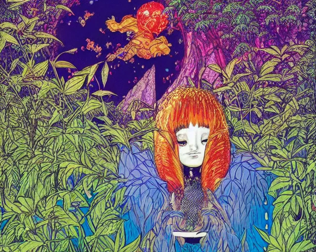 Image similar to A beautiful composition of a psychedelic glowing spirit animal psychonaut floating above a hedge maze, DMT, rich details full of texture, realistic eyes, artwork by Satoshi Kon and Yoshitaka Amano and Moebius