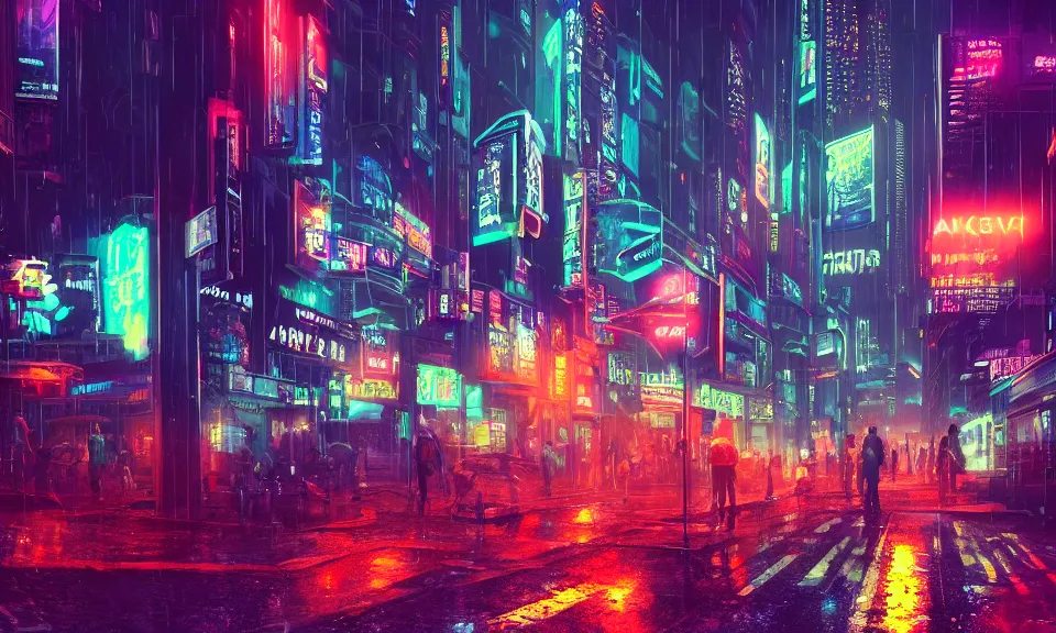 a cyberpunk street scene with neon lights, raining, | Stable Diffusion ...