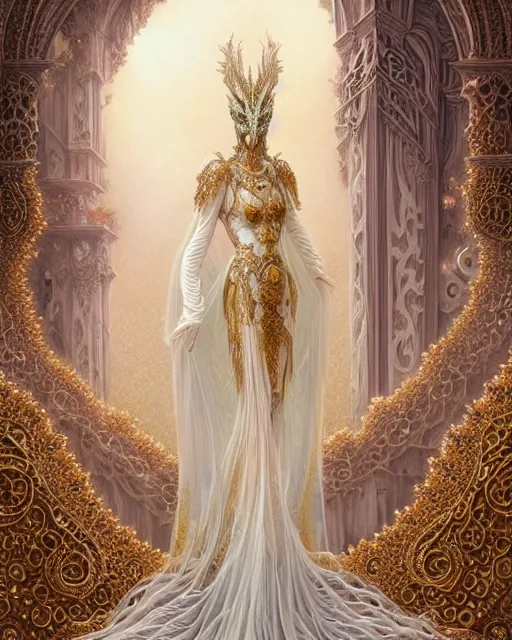 Image similar to beautiful ethereal maiden in a ivory masquerade mask intricate ornate fractal-lace and gemstones, wearing stunning ivory dress, ivory gold iridescent, full view, soft lighting, vivid, Hyperdetailed, 4k hd matte painting by Artgerm, Greg Rutkowski, Klimt, James Jean, 8k resolution, enchanting and otherworldly, Artstation, CGsociety, detailed, front view