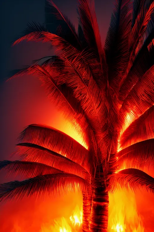 Image similar to hyper-detailed 4K photography Fiery Palm tree lights up black landscape with embers, volumetric lighting, octane render, 4K resolution, trending on artstation, masterpiece