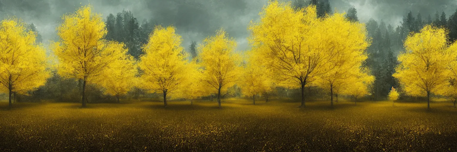 Image similar to yellow trees, michal karcz grunge painting of a beautiful landscape, detailed, elegant, intricate, 4k,