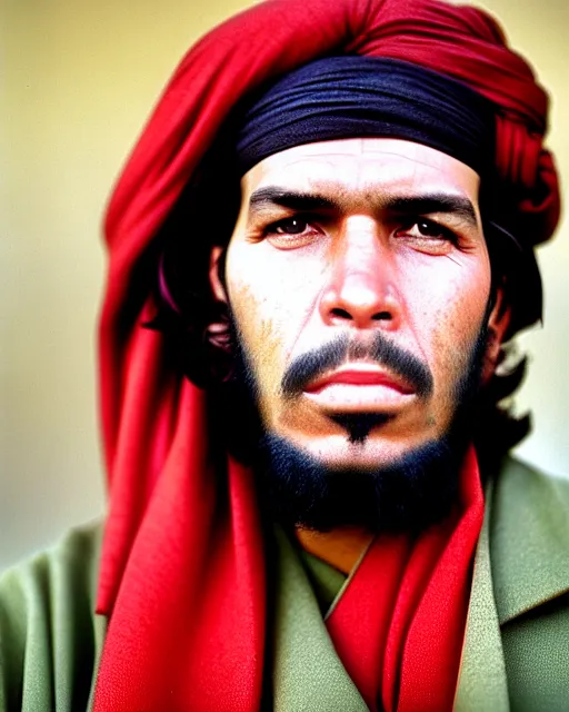 Image similar to portrait of che guevara as afghan man, green eyes and red scarf looking intently, photograph by steve mccurry