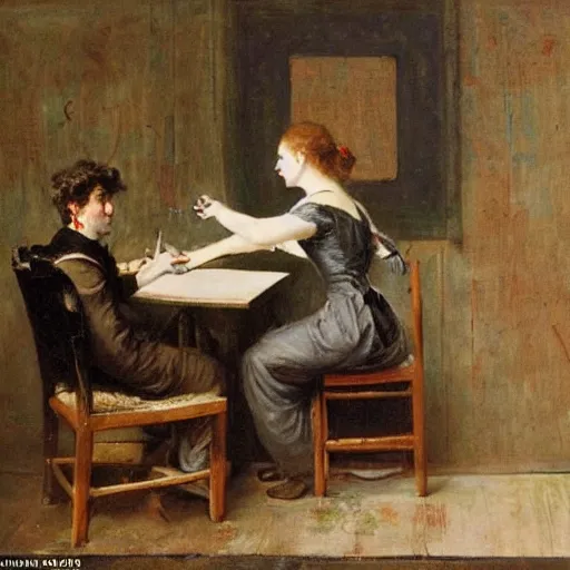 Image similar to a young man and a young woman solving an escape room puzzle, mysterious markings on the wall, by alfred stevens