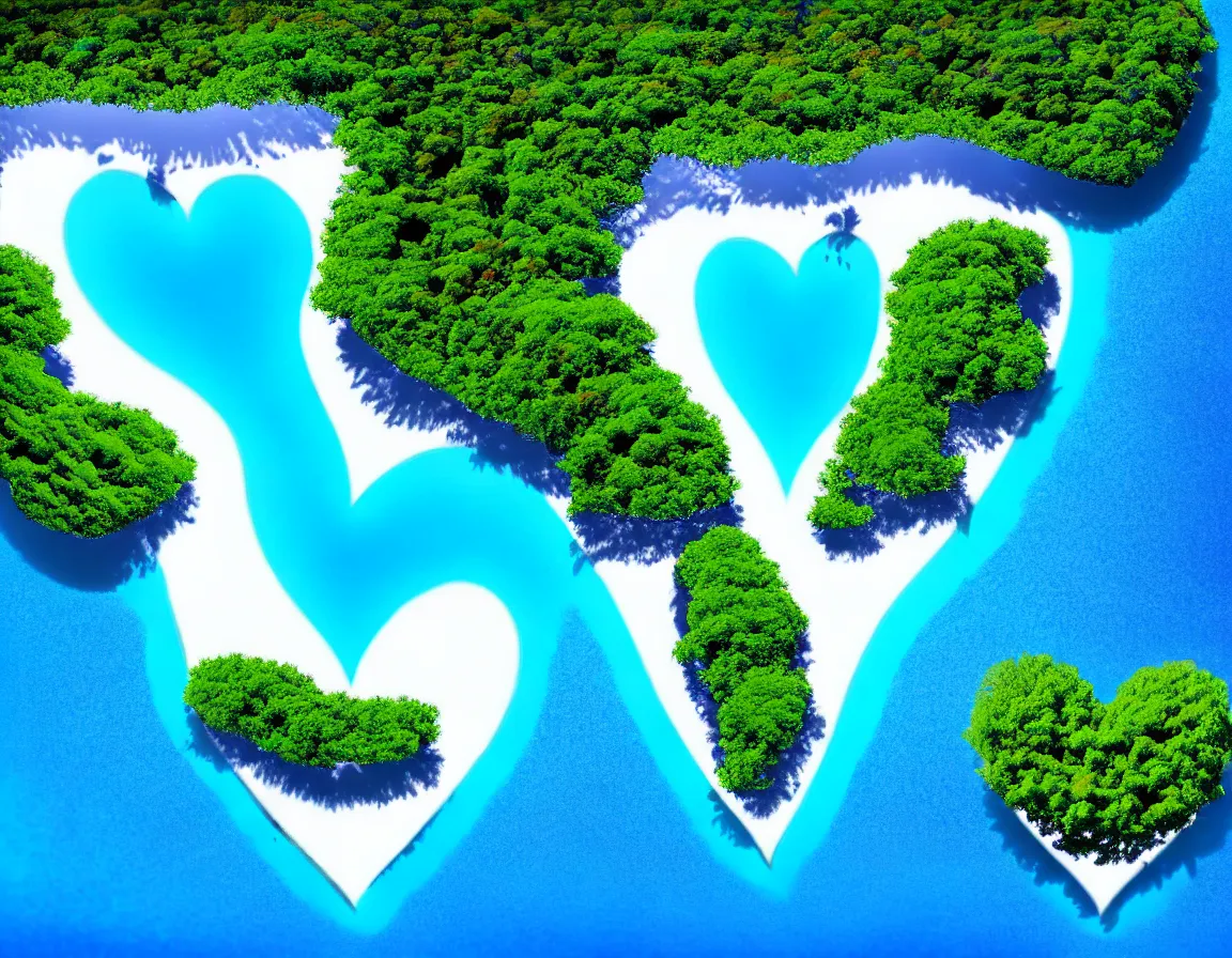 Image similar to realistic photograph of exotic tree heart / shaped island with blue lagoon, tranquil scene