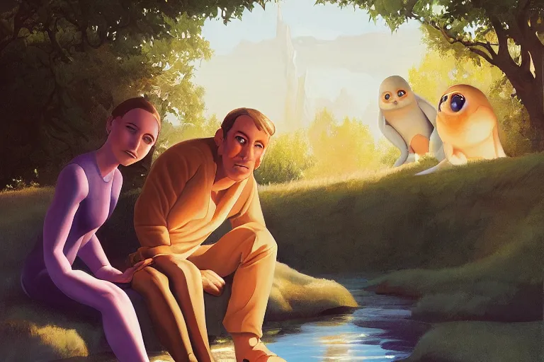Image similar to beautiful painting of friends, beautiful faces, sitting on the edge, cute, soft light, digital painting by ralph mcquarrie and rolf amrstrong