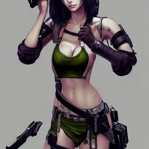 Image similar to concept art illustration of a beautiful young japanese christina hendricks natalie portman as lara croft motoko kusanagi anime protagonist, wearing tokyo harajuku street fashion combat warrior fantasy bikini, intricate, elegant, gorgeous, stunning, alluring, art by kim hyng tae, style of blade and soul, and masamune shirow