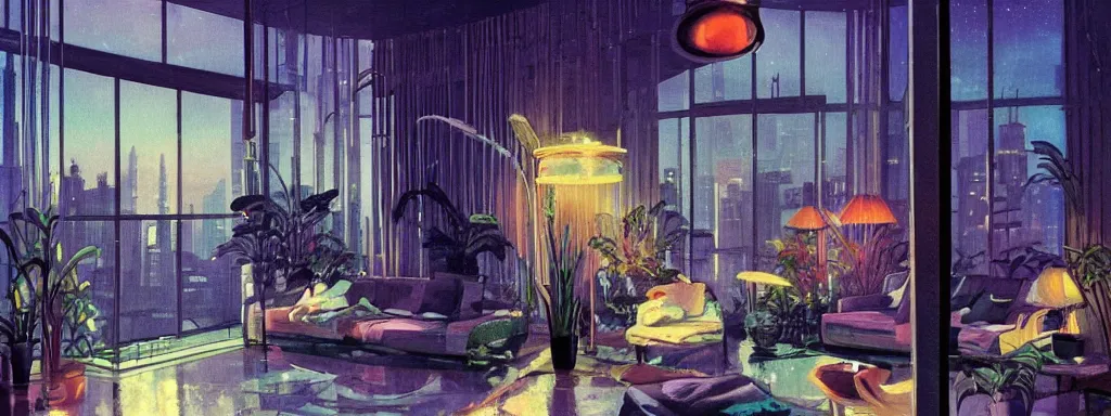 Image similar to concept art, night time retro - futurist penthouse, reflections, moody, designer furniture, high ceiling, 6 0 s colour palette, plants, flowers, floor lamps, multi - level, soft lighting, city view, bladerunner, james jean, syd mead, akihiko yoshida, cinematic