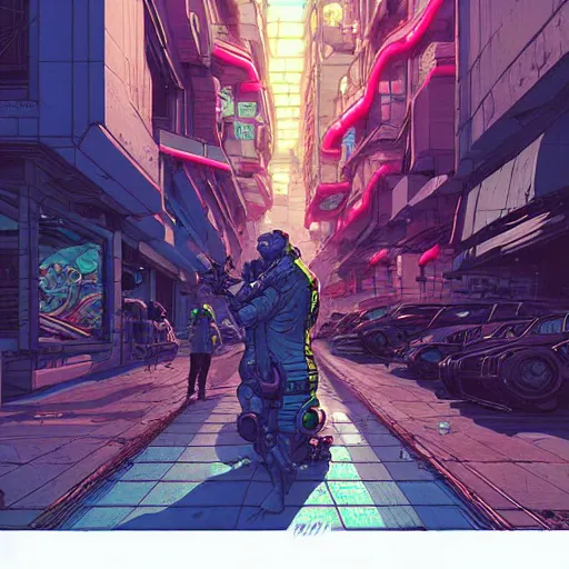 Image similar to A cyberpunk fish cyborg eats on the street of a cyberpunk city art by Josan Gonzalez, sci-fi, highly detailed, digital painting, artstation, smooth, sharp focus, illustration, concept art by Josan Gonzalez and James Gurney and Mœbius