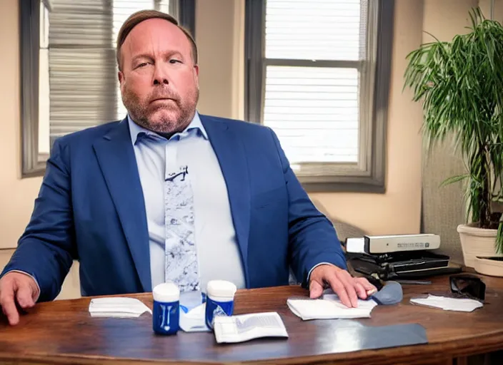 Image similar to dslr photo still of infowars host alex jones in a blue suit fat grey beard and mustache!!! sitting depressed!!! in a!!! room with a giant iphone behind him!!!, 5 2 mm f 1. 8