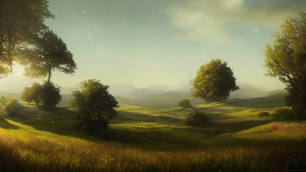 Prompt: the most beautiful countryside as a painting, an exquisite and beautiful rendition, by greg rutkowski