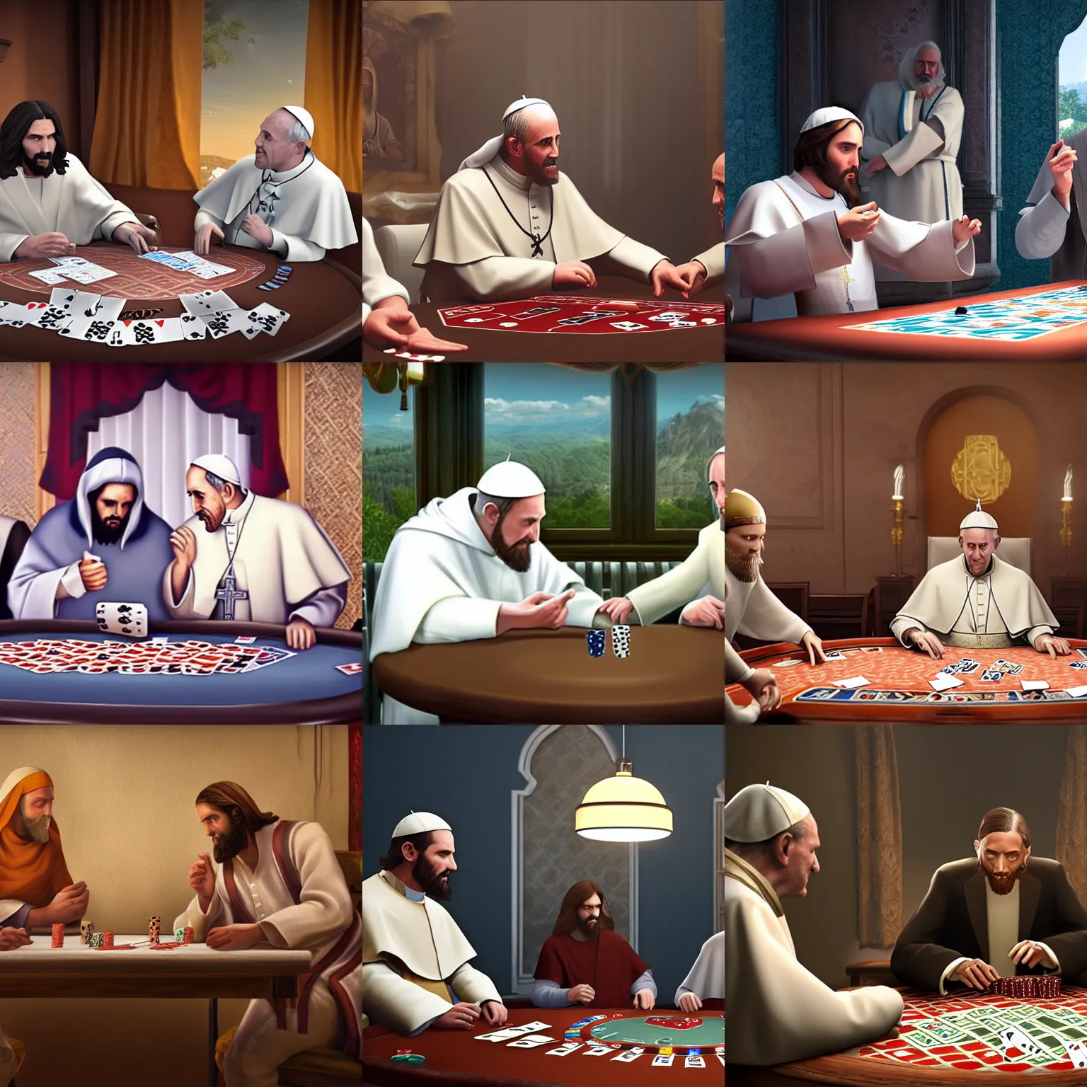 Prompt: jesus and pope playing poker, detailed, unreal engine, 4 k, highly detailed