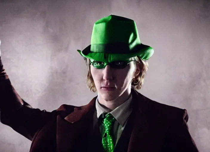 Image similar to film still of Paul Dano as Riddler in The Batman, 4k, dark lighting, film noir, grainy, dark tone