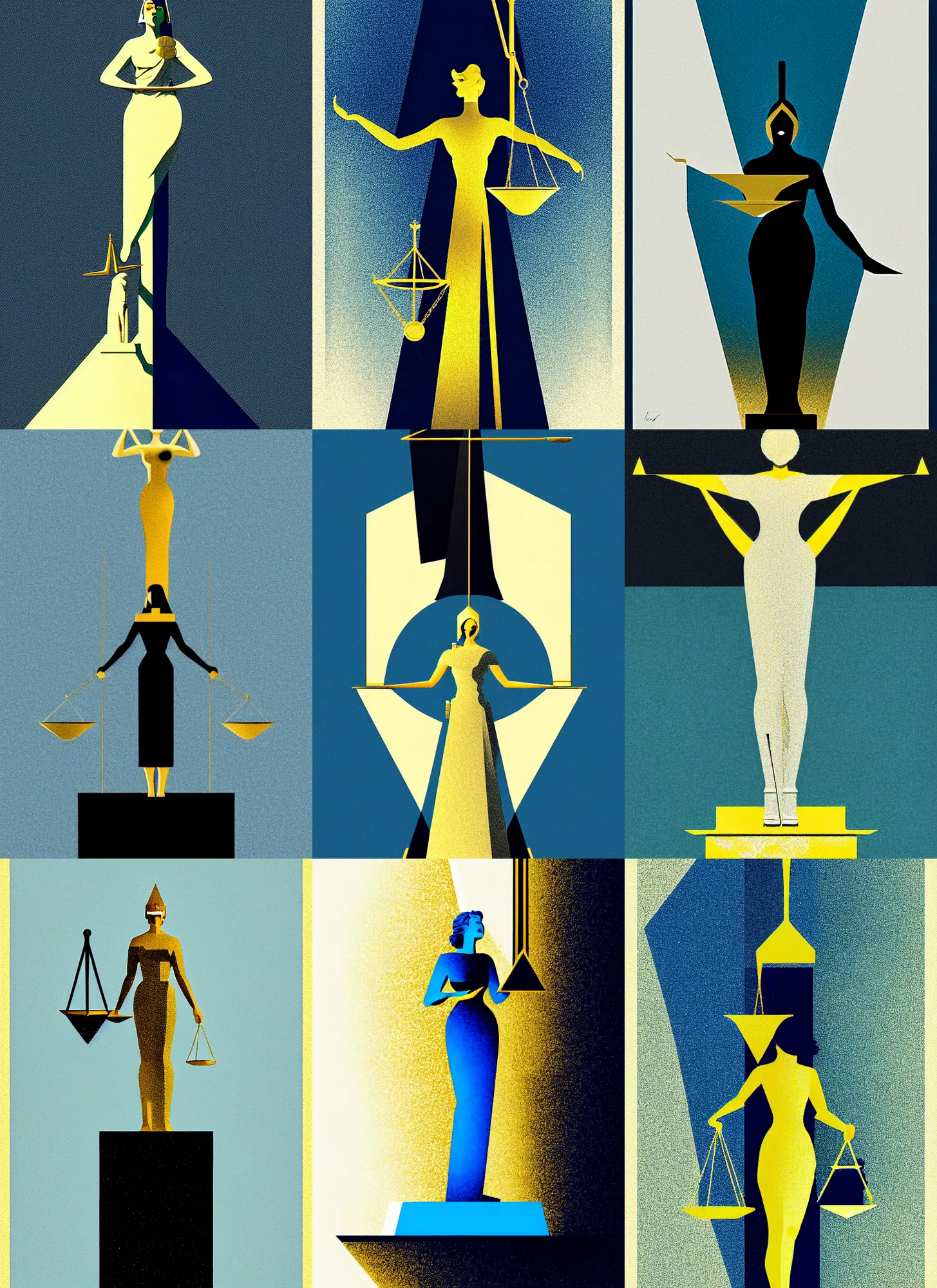 Prompt: ( ( dither ) ), editorial illustration full body portrait statue of lady justice, modern art deco, white + blue + gold + black, ( ( mads berg ) ), christopher balaskas, victo ngai, moebius, rich grainy texture, detailed, dynamic composition, wide angle, bauhaus, geometric