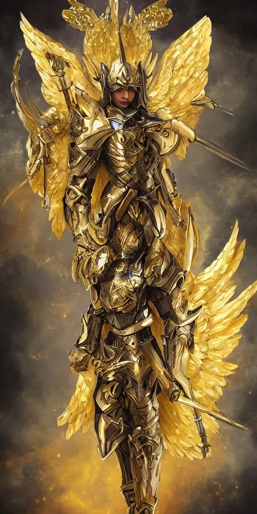 Image similar to fantasy angel warrior in armor with bright gold wings, epic flying pose, full length portrait, art, paint, fine details