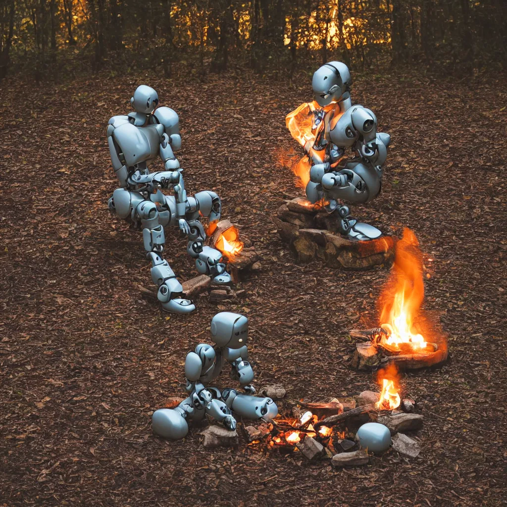 Image similar to translucent robot sitting by a campfire in the woods at night, back turned, award winning photograph, sigma 8 5 mm f / 8, hyperrealistic, somber, contemplative, moody