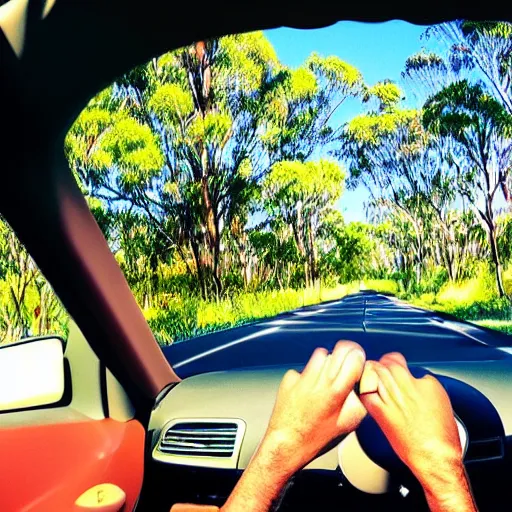 Image similar to driving a car in the australian bush outback psychedelic