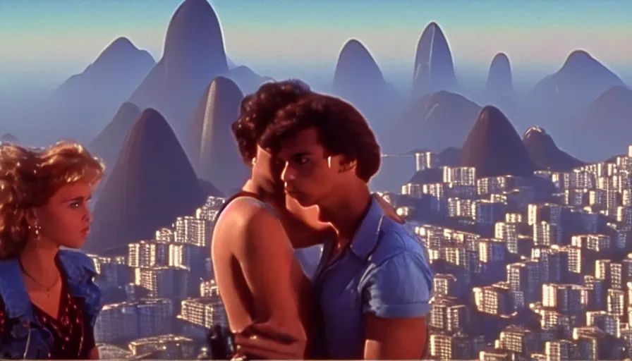 Prompt: 1 9 8 6 movie screencap of a couple with a gun on a rio de janeiro, gucci clothes, sparkes sky, beautiful favela background extremely utra high quality artwork 8 k