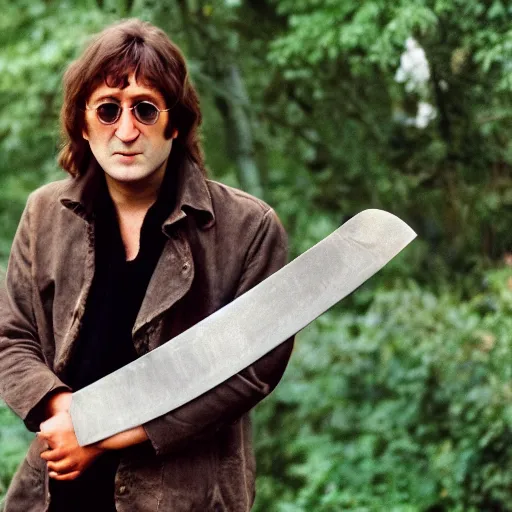 Image similar to john lennon holding a head and a machete, photography, high quality, 8 k,