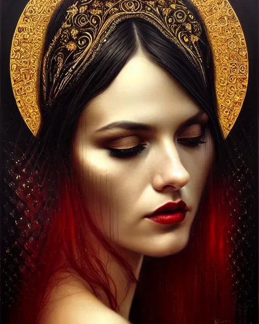 Prompt: portrait of a beautiful goddess, enigmatic beauty, dominant shades of black, gold silver, dark red, white, head in focus, fantasy art, ornamental aesthetics, intricate, elegant, highly detailed, hyperrealistic, artstation, concept art, soft illumination, painterly, sharp focus, art by karol bak