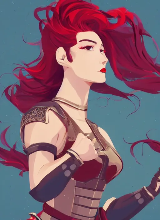 Image similar to a young woman in full plate armor with beautiful hair and red lips stages in a dramatic pose. she is a knight. clean cel shaded vector art. shutterstock. behance hd by lois van baarle, artgerm, helen huang, by makoto shinkai and ilya kuvshinov, rossdraws, illustration, art by ilya kuvshinov