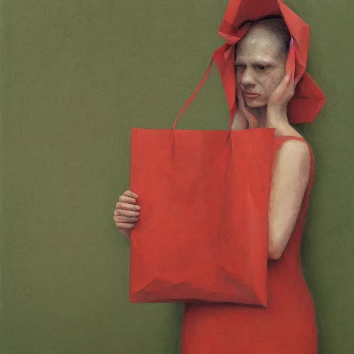 Image similar to melting portrait with a white paper bag over the head, dressed in red paper bags, holding stack of green paper bags, highly detailed, artstation, art by edward hopper, zdislav beksinski, wayne barlowe, edward hopper