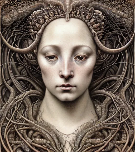 Image similar to detailed realistic beautiful drake goddess face portrait by jean delville, gustave dore, iris van herpen and marco mazzoni, art forms of nature by ernst haeckel, art nouveau, symbolist, visionary, gothic, neo - gothic, pre - raphaelite, fractal lace, intricate alien botanicals, ai biodiversity, surreality, hyperdetailed ultrasharp octane render