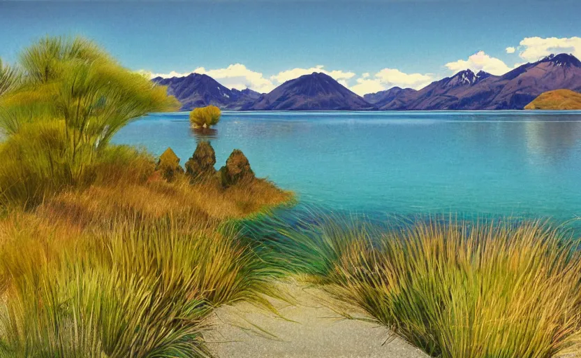 Prompt: scenery of Lake Wānaka, summer palette, by Studio Ghibli, Hayao Miyazaki