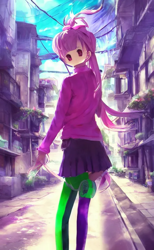 Image similar to anime girl with pink ponytail, wearing purple headphones, wearing a green sweater, with a smile on her face and her eyes closed, walking down a street, dynamic lighting, photorealistic fantasy concept art, trending on art station, very detailed, anime concept art, stunning visuals, creative, cinematic, ultra detailed