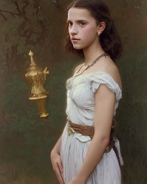 Prompt: a portrait painting of a shy, blushing 1 6 - year old alicia vikander or millie bobby brown, backlit, wearing a greek dress, elegant, highly detailed, artstation, concept art, by krenz cushart and donato giancola and william adolph bouguereau and alphonse mucha