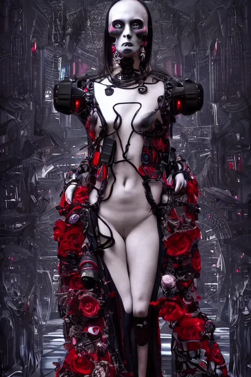 Prompt: full-body cyberpunk style sculpture of a young beautiful dark priestess, half android with a head opening exposing circuitry, glowing red eyes, black roses, flowing blood red colored silk, fabric, candles, baroque elements, human skull, full-length view. baroque element. intricate artwork by Caravaggio. crows flying in background. Trending on artstation, octane render, cinematic lighting from the right, hyper realism, octane render, 8k, depth of field, 3D