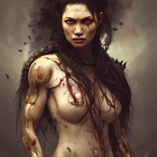Prompt: portrait painting of a muscular bloodied dark nepali female butcher back, ultra realistic, concept art, intricate details, eerie, highly detailed, photorealistic, octane render, 8 k, unreal engine. art by artgerm and greg rutkowski and alphonse mucha