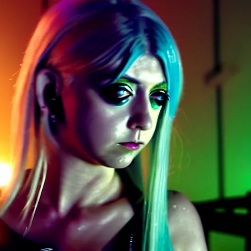 Image similar to cinematic scene with taylor momsen as jolyne from jojo's bizarre adventure, live action film, stone ocean, dramatic, small details, volumetric lighting, still frame