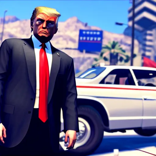 Image similar to donald trump in gta v gameplay, ps 5 screenshot, third person gameplay, five stars, 3 d render, cryengine, highly detailed