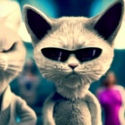 Image similar to a cinematic fill still from a 2015 movie where anthropomorphic cats battle with aliens, in the style of Quentin Tarantino, shallow depth of focus