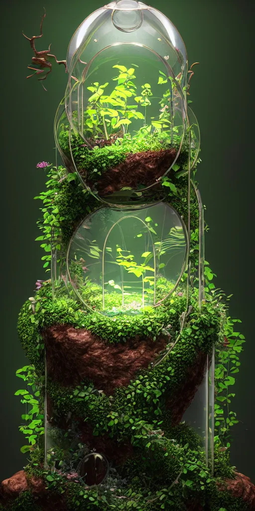 Prompt: graphic of enchanted terrarium, vines wrap around the terrarium, unreal engine 5, blender, depth of field, ultra realistic, cinematic, macro, artstation, megascan, intricate, epic, Quixel, weta digital, focus, octane render, v-ray, digital art, highly detailed illustration, golden ratio, prism undertones, rule of thirds