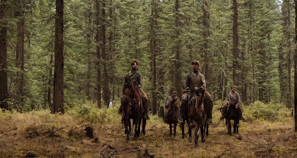 Image similar to First official image from Alejandro Landes' new western film Moss and Lead. Filmed by Jasper Wolf on ALEXA Mini, Vantage One T1 lens in Oregon's Siuslaw National Forest. Starring Gleeson. Cinematography, contrast, nighttime.