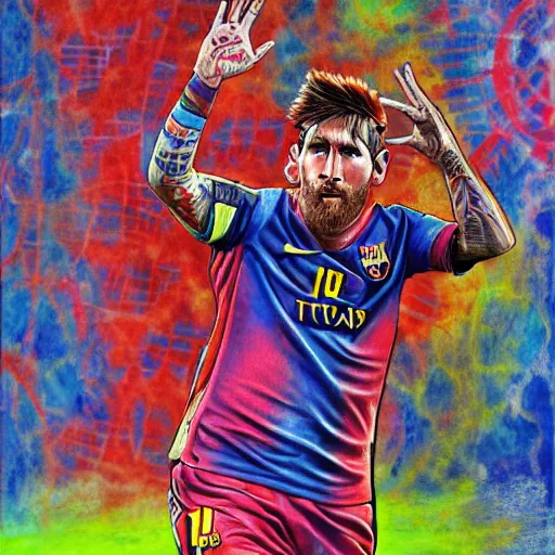 Image similar to peripheral lobotomy of messi, in the style of cyborg adi granov, colourful hand drawing, beautiful faces, dramatic, tragic, intricate, detailed, beautiful