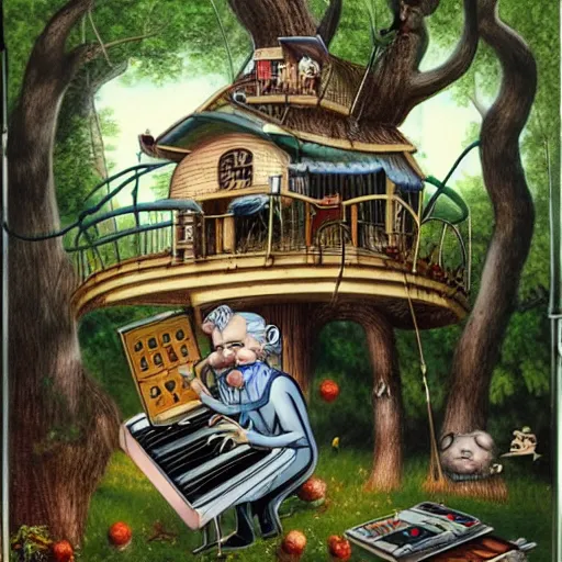 Image similar to old man white beard playing a synthesizer in a tree house, notes and clefs listening , lowbrow surrealistic, in the style of Mark Ryden,